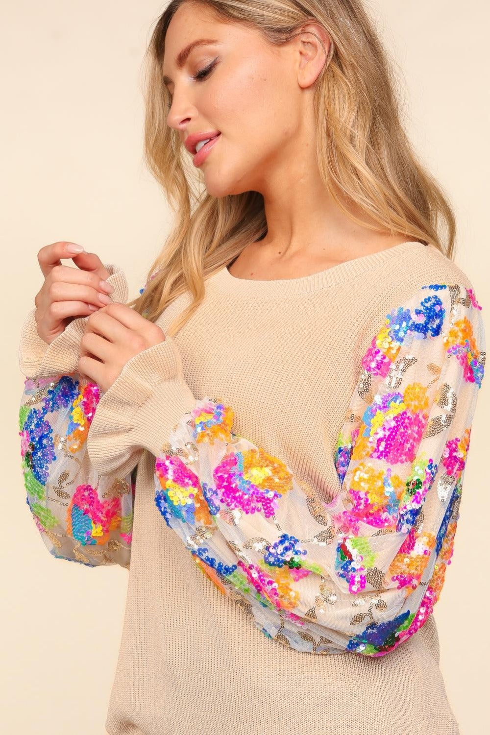 Haptics Floral Sequins Mesh Flounce Sleeve Sweater - Brittney MADE