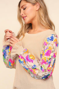 Haptics Floral Sequins Mesh Flounce Sleeve Sweater - Brittney MADE