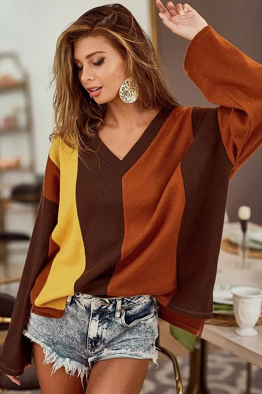 BiBi Brushed Thermal Color Block V-Neck Knit Top - Brittney MADE