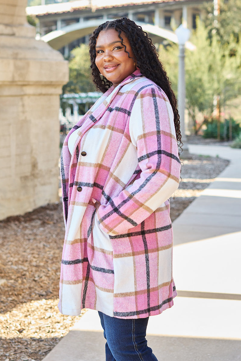 Double Take Full Size Plaid Button Up Lapel Collar Coat - Brittney MADE
