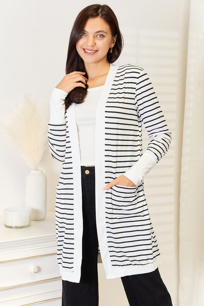 Double Take Striped Open Front Longline Cardigan - Brittney MADE