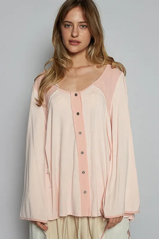 POL Contrast Button Front Long Sleeve Knit Top - Brittney MADE