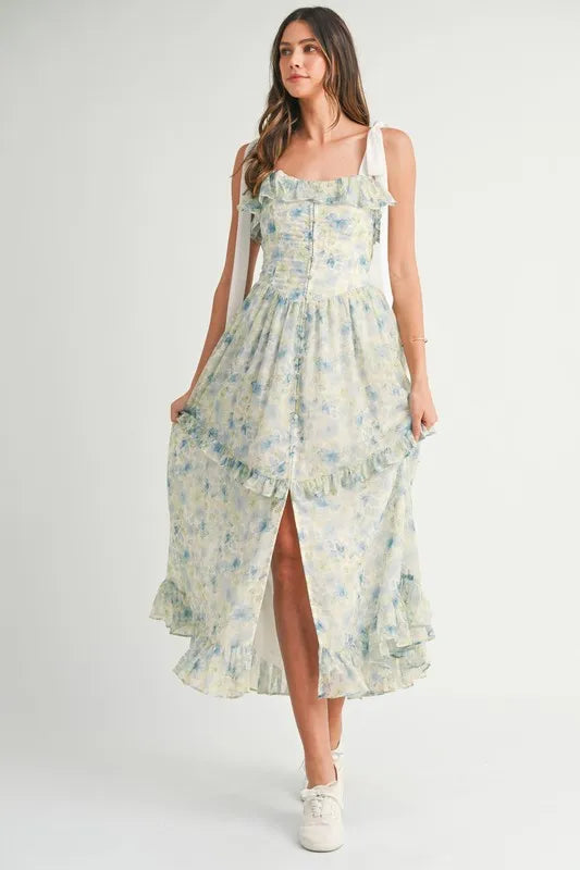 MABLE Floral Printed Shoulder Strap Midi Dress - Brittney MADE