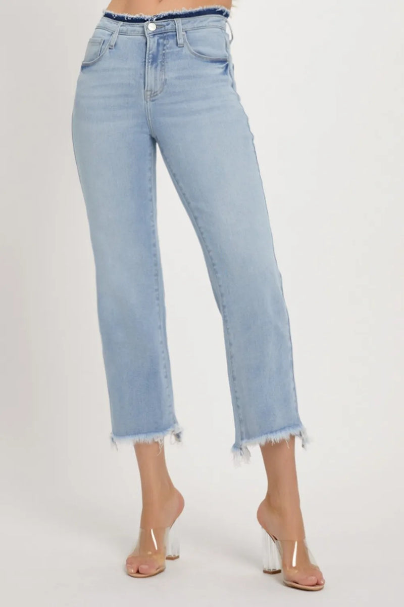 RISEN Full Size High Rise Raw Edge Crop Jeans - Brittney MADE