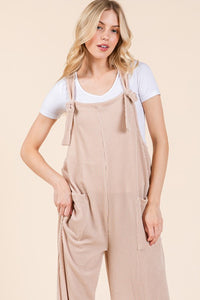 BOMBOM Knot Straps Wide Leg Ribbed Overalls with Pockets - Brittney MADE