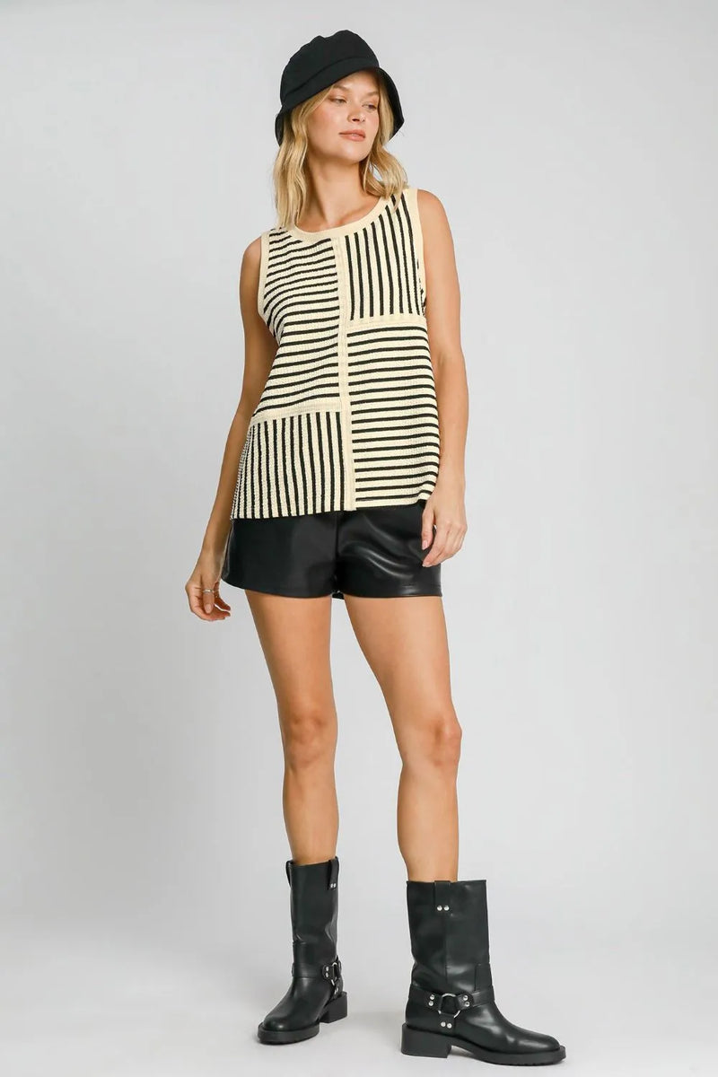 Umgee Round Neck Texture Striped Tank - Brittney MADE