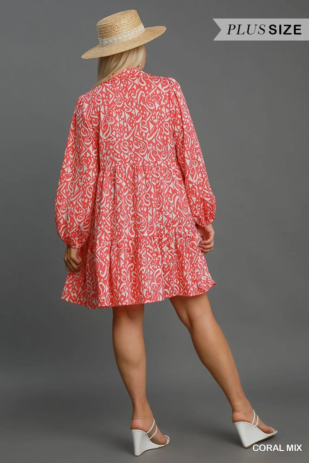 Umgee Full Size Two Tone Print Balloon Sleeve Tiered Dress Plus Size - Brittney MADE