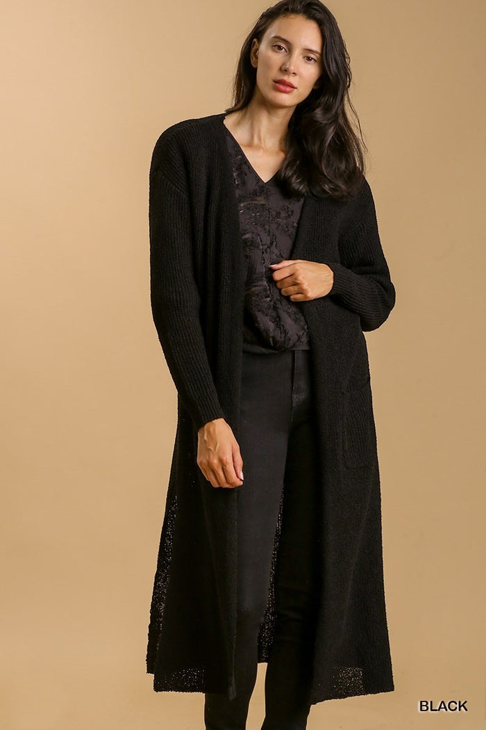 Umgee Full Size Lightweight Open Front Long Cardigan with Side Slit Plus Size - Brittney MADE