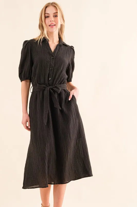 And The Why Waffle Textured Ribbon Waist Midi Dress - Brittney MADE