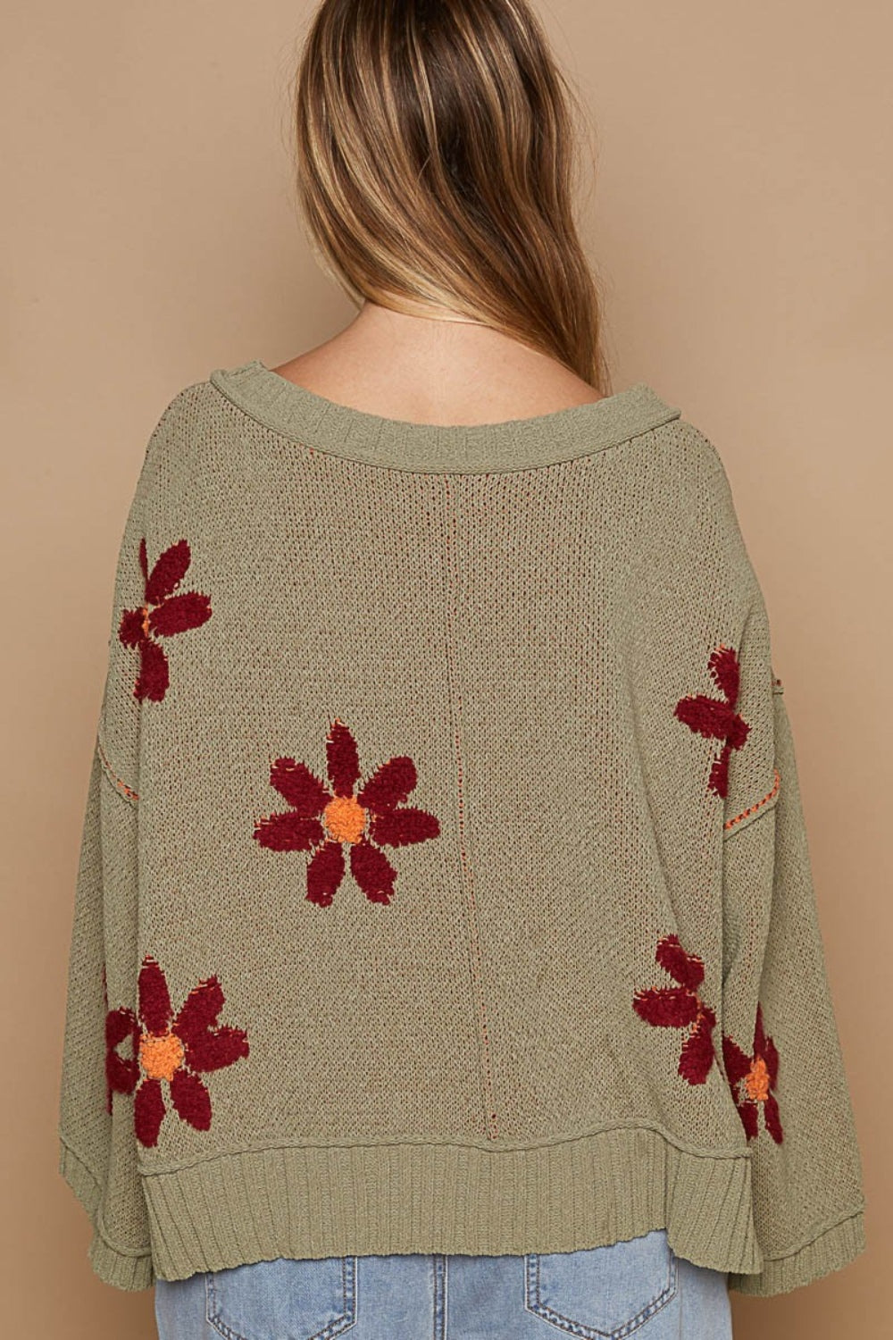 POL V-Neck Floral Pattern Chenille Sweater - Brittney MADE