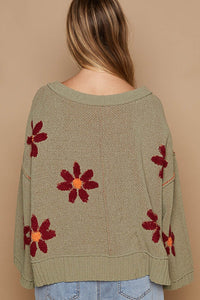 POL V-Neck Floral Pattern Chenille Sweater - Brittney MADE