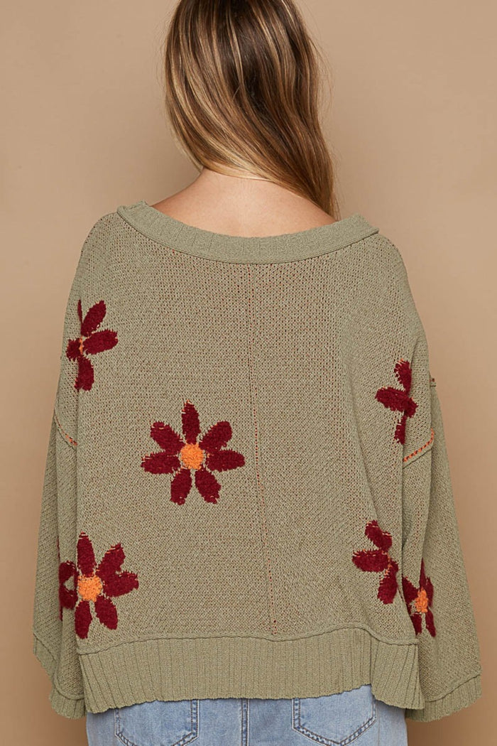 POL V-Neck Floral Pattern Chenille Sweater - Brittney MADE
