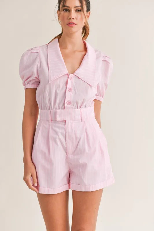 MABLE Striped Puff Sleeve Collared Neck Romper - Brittney MADE