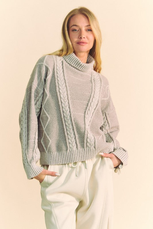 Davi & Dani Cable-Knit Turtleneck Dropped Shoulder Sweater - Brittney MADE