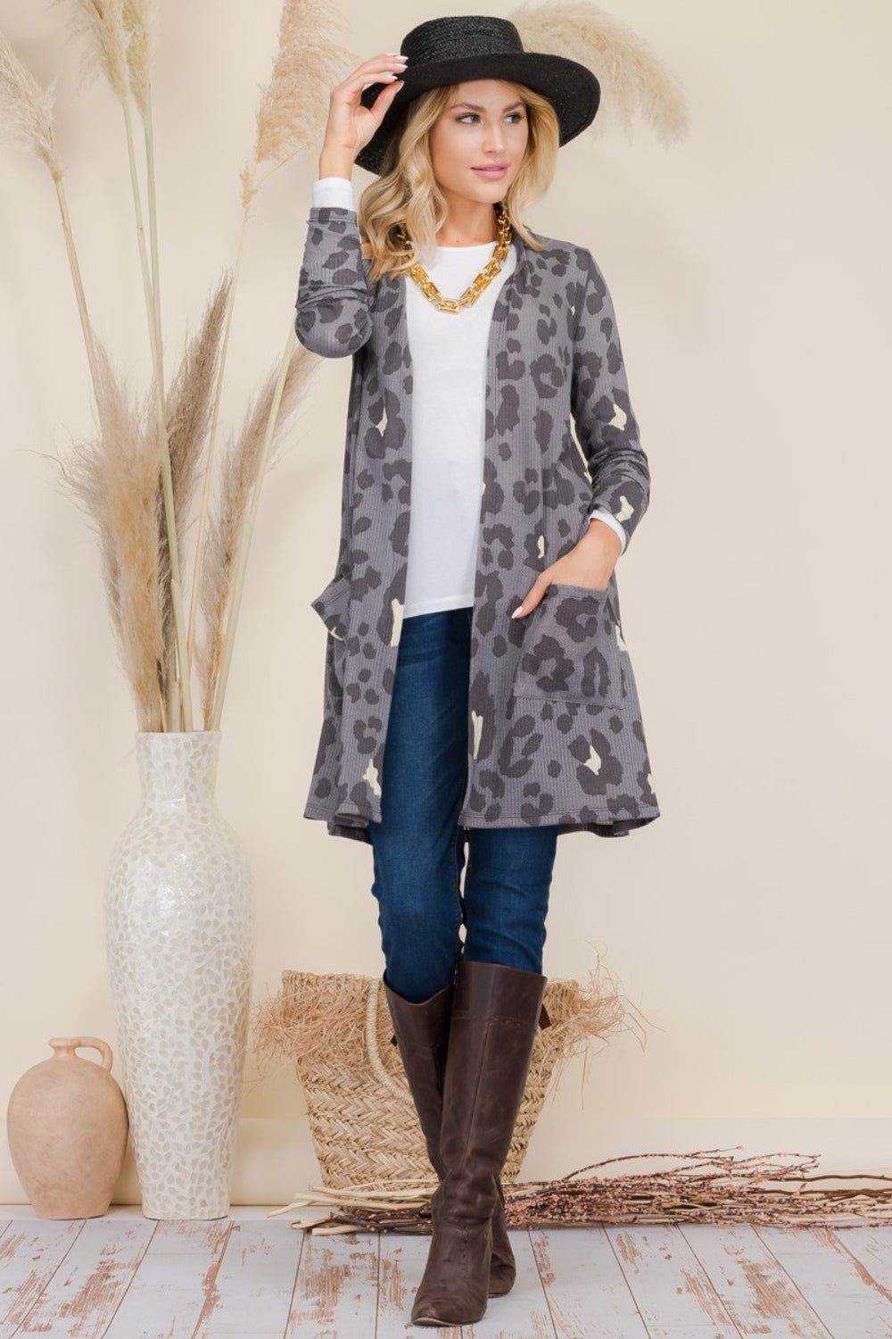 Celeste Full Size Leopard Open Front Contrast Cardigan - Brittney MADE