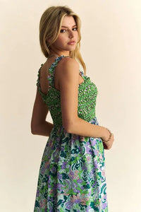 Davi & Dani Multi Smocked Bodice Geo Ruffle Strappy Midi Dress - Brittney MADE