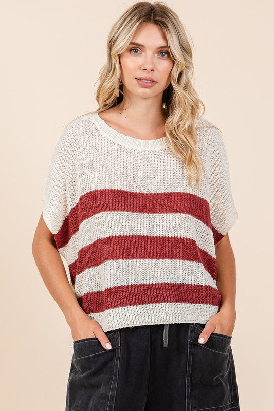 Mittoshop Contrast Striped Round Neck Short Sleeve Sweater - Brittney MADE