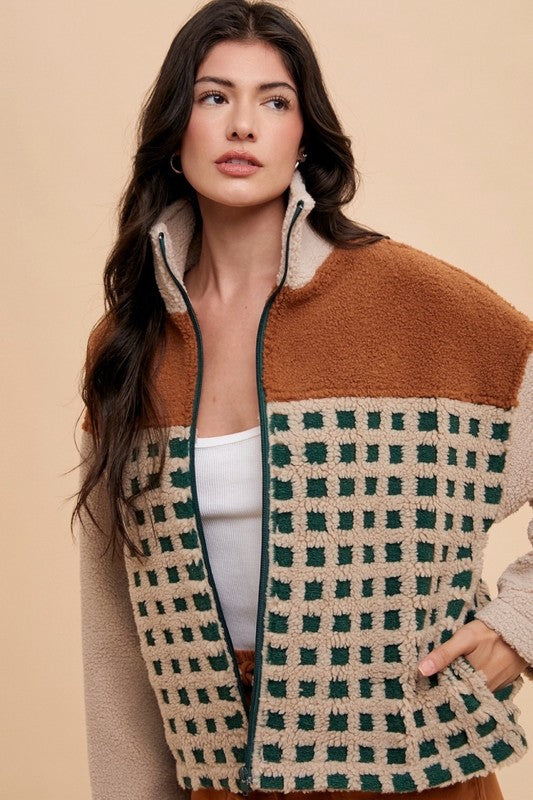 Annie Wear Plaid Zip Up Drop Shoulder Sherpa Jacket - Brittney MADE