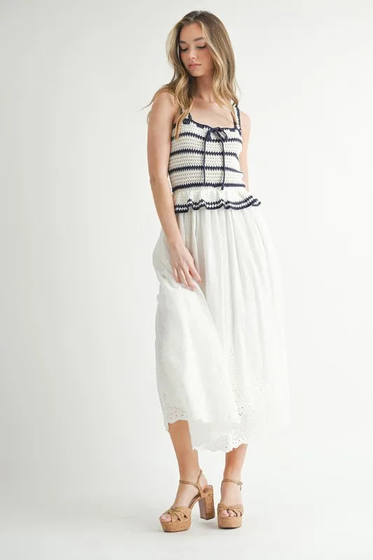 MABLE Crochet Stripe Knit Eyelet Mix Midi Dress - Brittney MADE