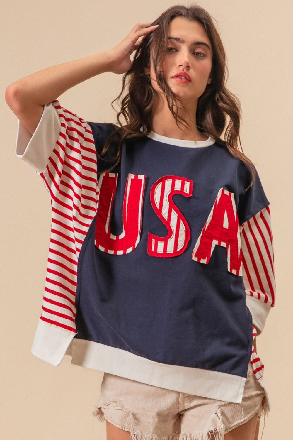BiBi USA Letter Patchwork Contrast Short Sleeve T-Shirt - Brittney MADE