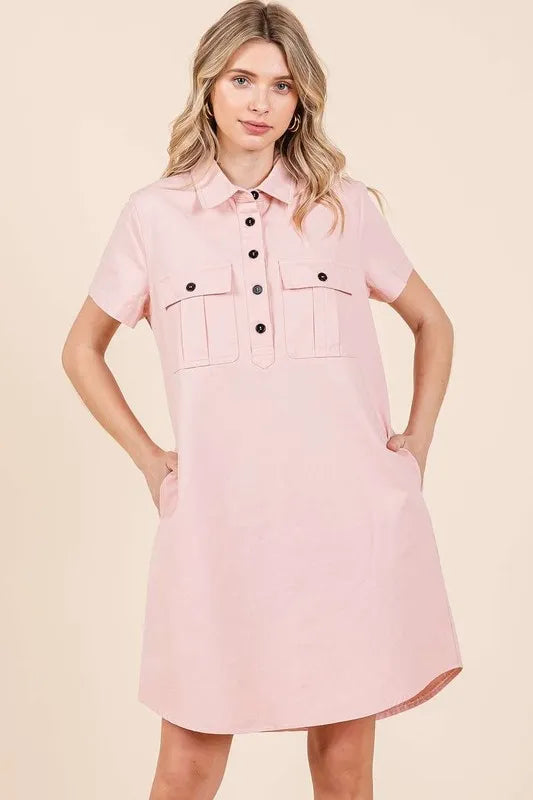 Mittoshop Button Detail Collared Neck Short Sleeve Shirt Dress - Brittney MADE