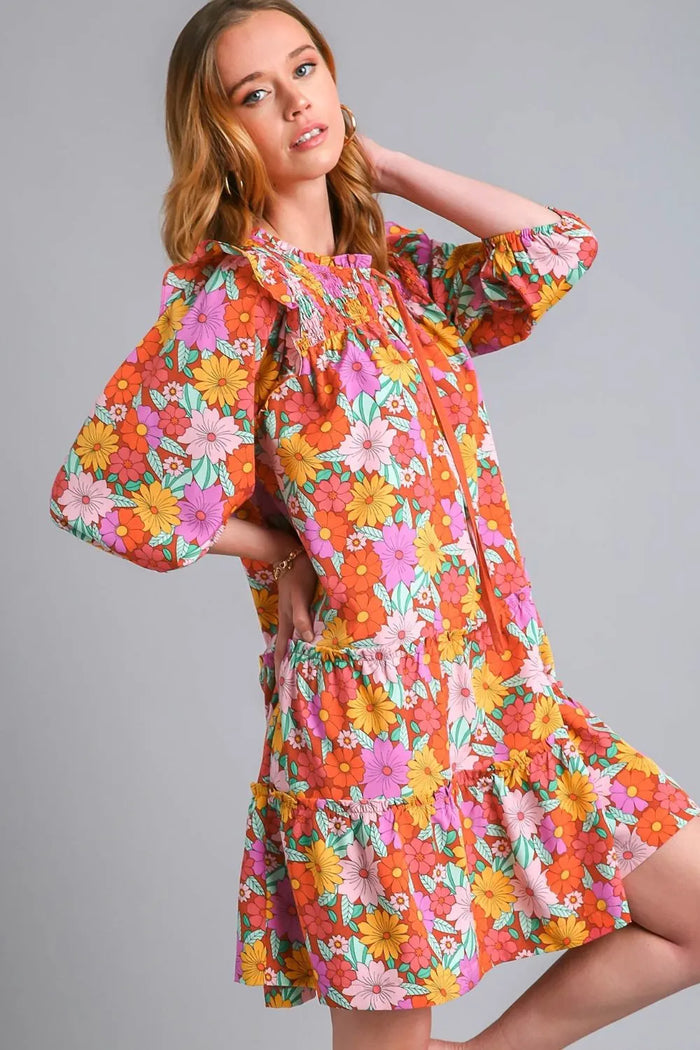 Umgee Full Size Ruffled Flower Print Tie Neck Tiered Dress Plus Size - Brittney MADE