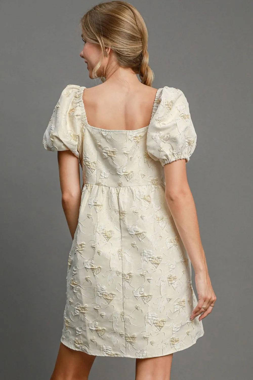 Umgee Heart Jacquard Square Neck Puff Sleeve Mini Dress - Brittney MADE
