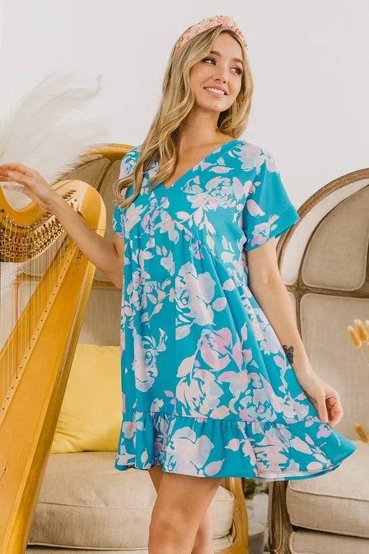 BiBi Floral Crinkle Shirred Ruffle Detail V Neck Dress - Brittney MADE