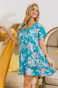 BiBi Floral Crinkle Shirred Ruffle Detail V Neck Dress - Brittney MADE