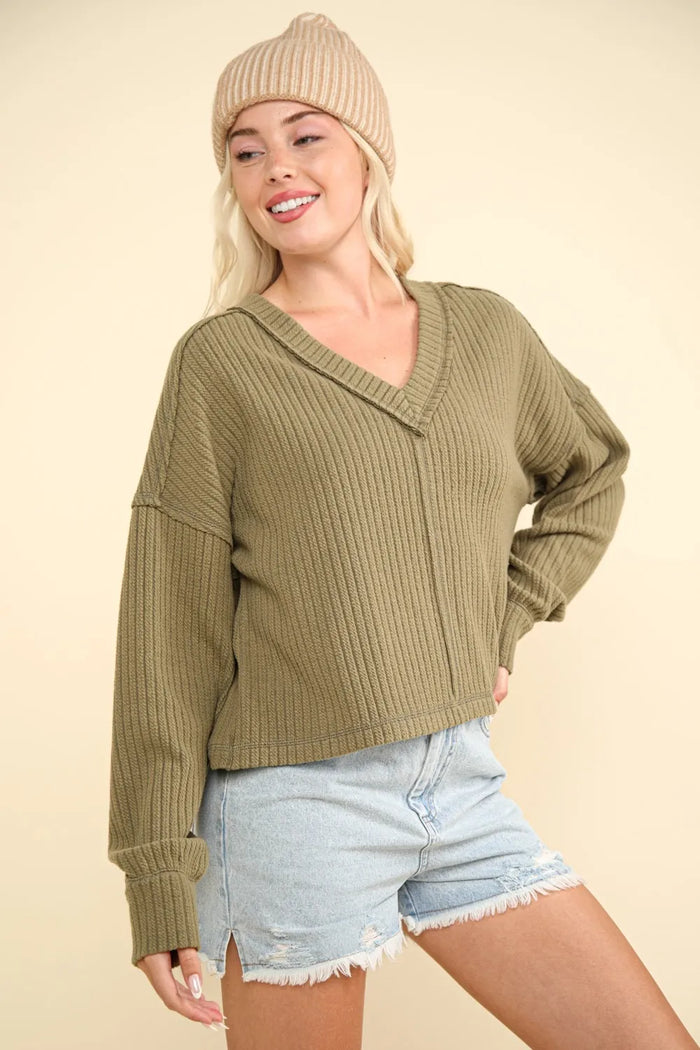 VERY J Exposed Seam V-Neck Ribbed Knit Top - Brittney MADE