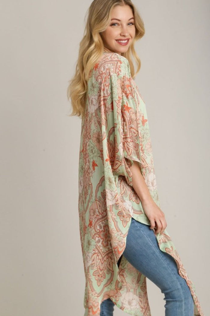 Umgee Full Size Mixed Print Open Front Kimono with Ruffle Sleeves Plus Size - Brittney MADE