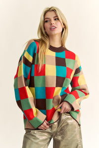 Davi & Dani Color Block Checkered Dropped Shoulder Sweater - Brittney MADE