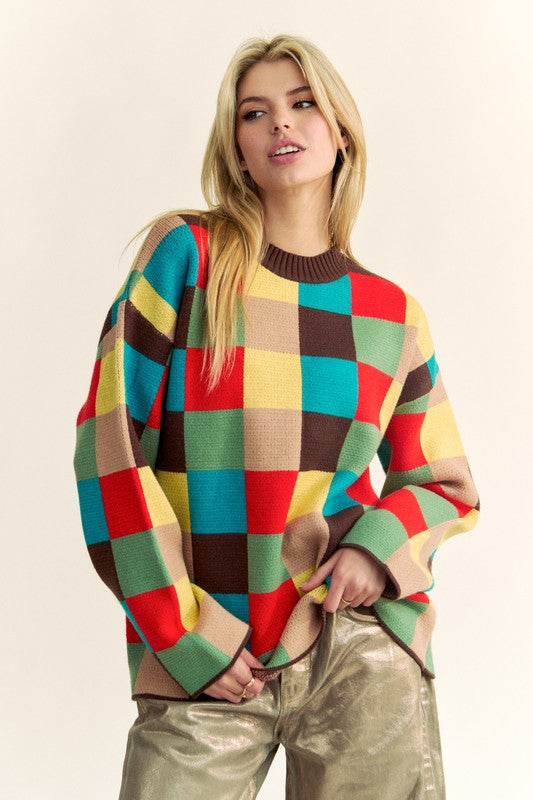 Davi & Dani Color Block Checkered Dropped Shoulder Sweater - Brittney MADE