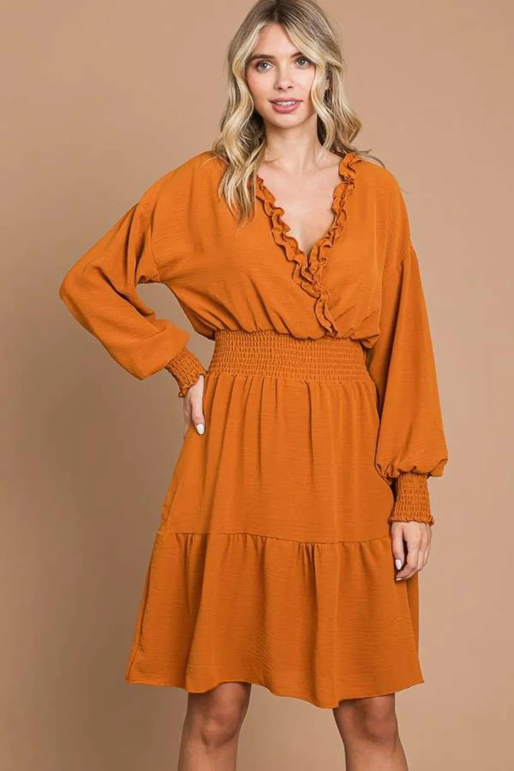 Culture Code Full Size Frill Smocked Lantern Sleeve Mini Dress - Brittney MADE