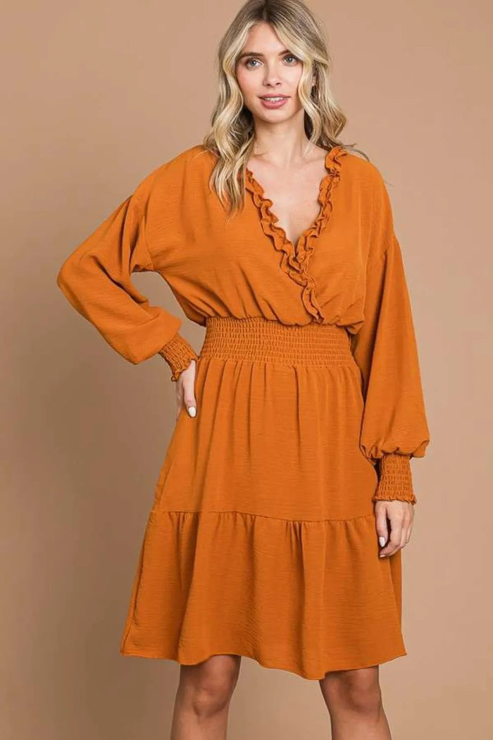Culture Code Full Size Frill Smocked Lantern Sleeve Mini Dress - Brittney MADE