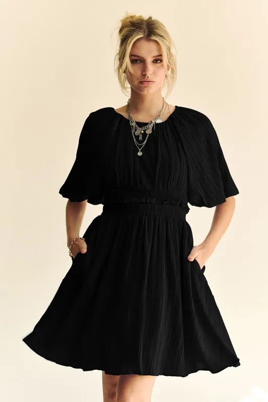 Davi & Dani Back Button Puff Sleeve Mini Dress - Brittney MADE