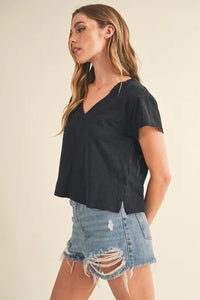 Aemi + Co Side Slit V-Neck Short Sleeve Cropped T-Shirt - Brittney MADE