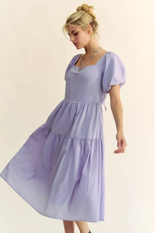 Davi & Dani Textured Fabric Short Puff Sleeve Midi Dress - Brittney MADE