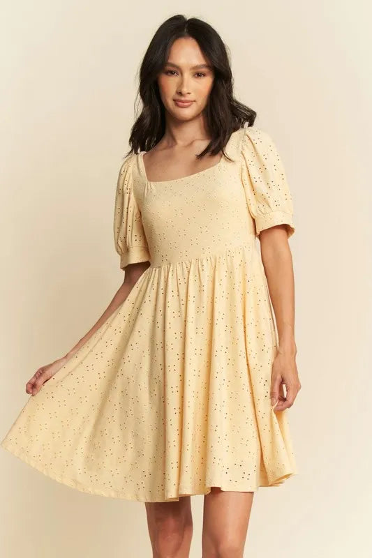 Davi & Dani Eyelet Baby Doll Romantic Square Neck Dress - Brittney MADE