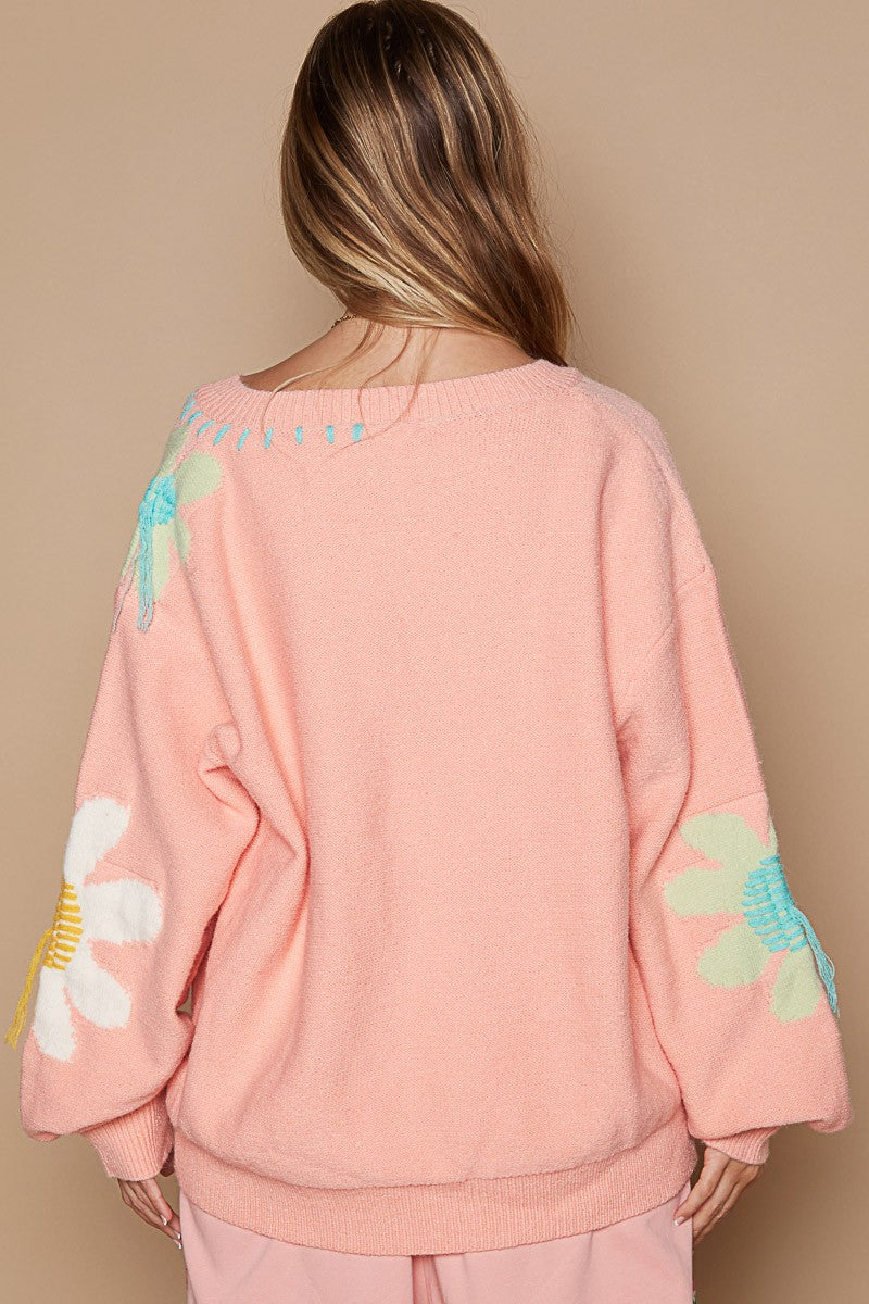 POL V-Neck Long Sleeve Flower Fringe Sweater - Brittney MADE