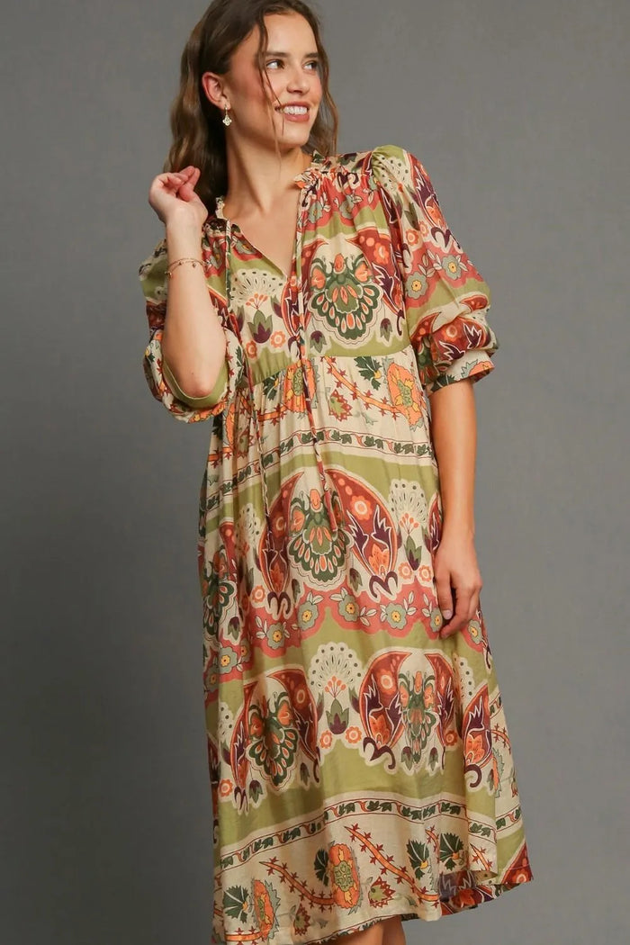 Umgee Full Size Tiered Border Print Midi Dress Plus Size - Brittney MADE