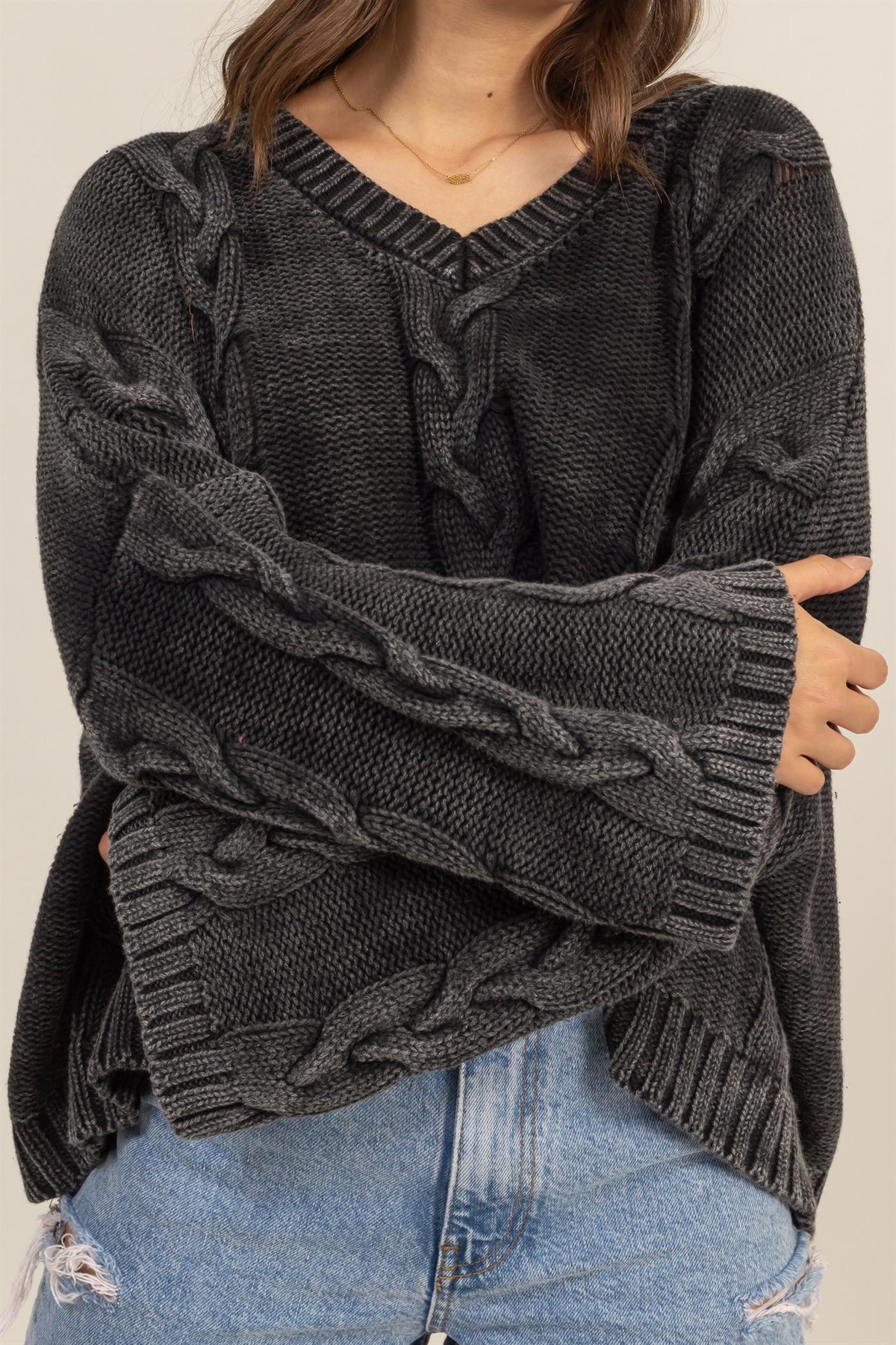 HYFVE Cable Knit V-Neck Dropped Shoulder Oversized Sweater - Brittney MADE