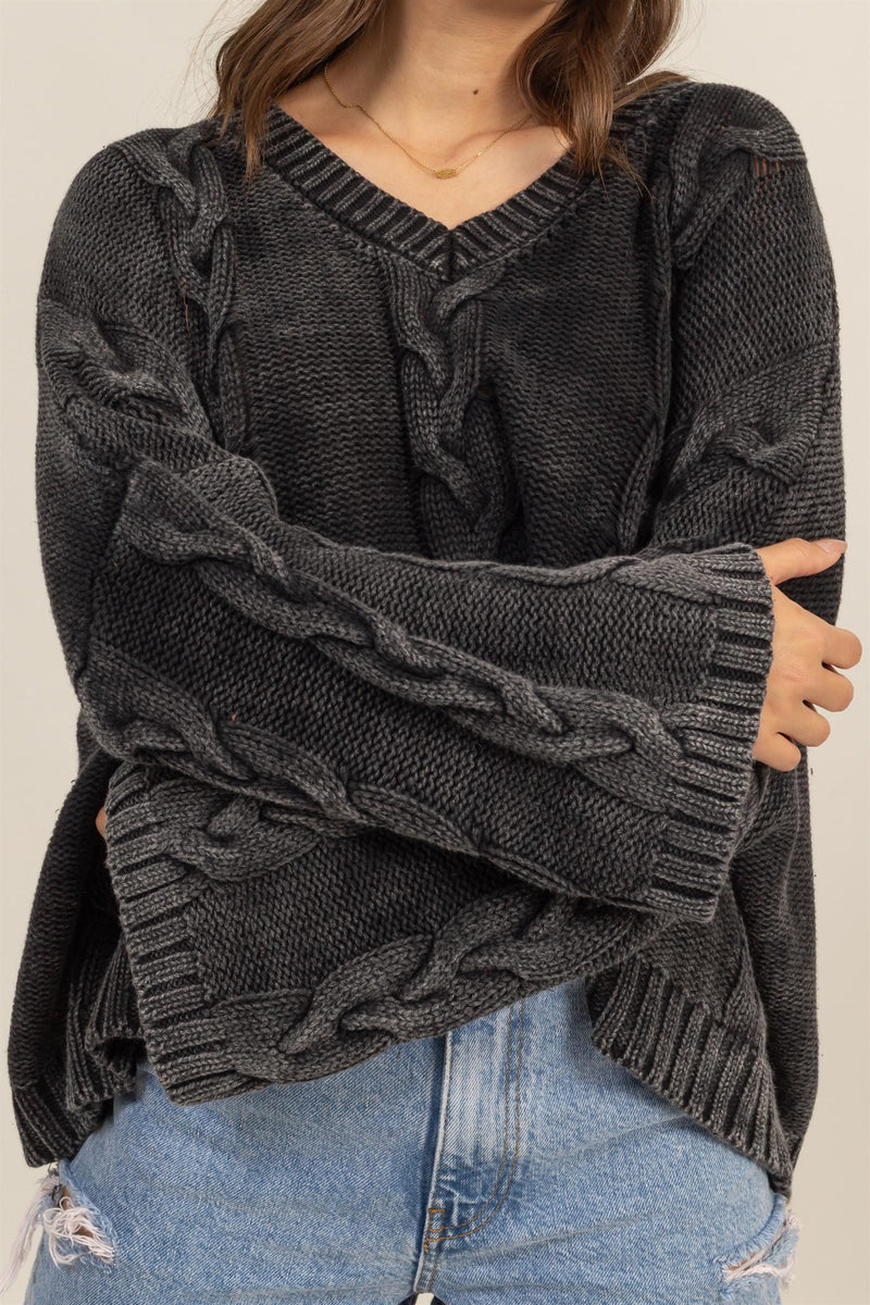 HYFVE Cable Knit V-Neck Dropped Shoulder Oversized Sweater - Brittney MADE