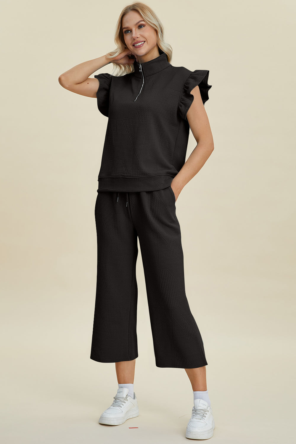 Double Take Full Size Texture Ruffle Short Sleeve Top and Wide Leg Pants Set - Brittney MADE