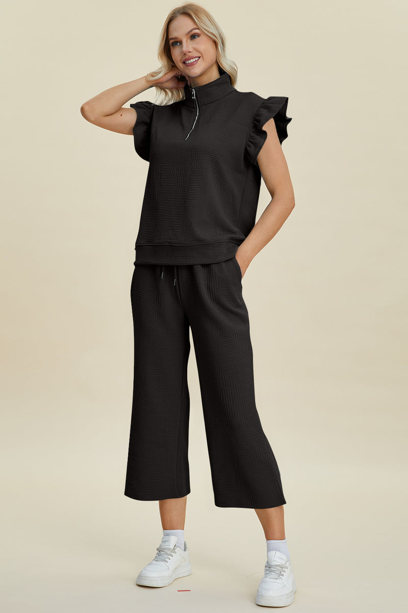Double Take Full Size Texture Ruffle Short Sleeve Top and Wide Leg Pants Set - Brittney MADE