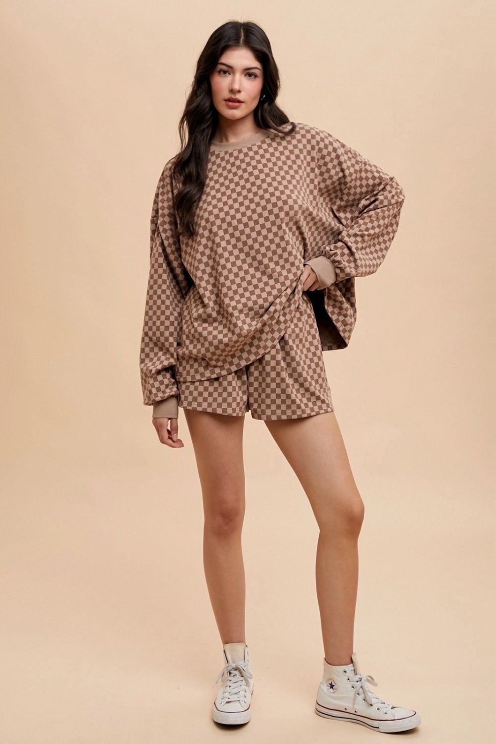 Annie Wear Checkered Round Neck Top and Drawstring Shorts Set - Brittney MADE