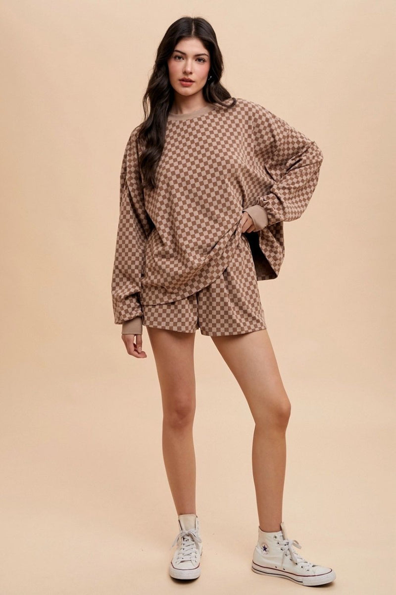 Annie Wear Checkered Round Neck Top and Drawstring Shorts Set - Brittney MADE