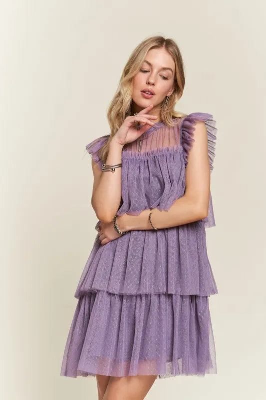 ADORA Layered Ruffled Cap Sleeve Mesh Dress - Brittney MADE