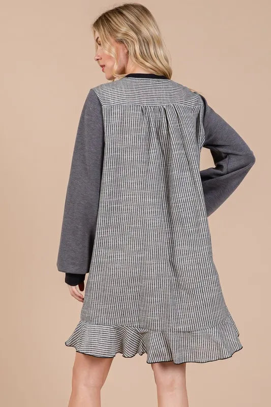 Ces Femme Striped Patchwork Round Neck Terry Sweatshirt Dress - Brittney MADE
