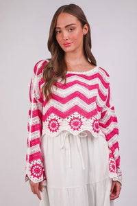 VERY J Chevron/Floral Pattern Crochet Knit Top - Brittney MADE